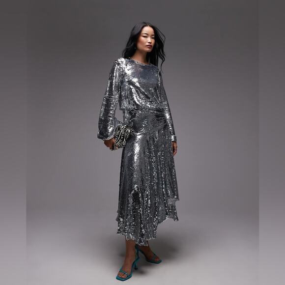 ASOS ARCHIVE Sequin Embellished Long Sleeve Dropped Waist Maxi Dress 0 - Picture 1 of 8